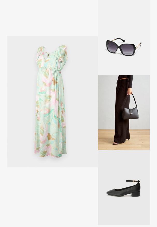 Svetlo zeleni maksi obleko s pastelnim cvetličnim vzorcem. Ima naborke na rokavih in elastičen pas za prilagodljivo prileganje. Mehka, teksturirana tkanina.; Črne usnjene pumpice z nazobčanimi prsti in nizko blokasto peto. Imajo trak okoli gležnja z zaponko v zlatem tonu. Gladka tekstura.; Črne prevelike sončne očala z degradacijskimi lečami, debelimi okvirji in zlatimi verižicami na ročajih.; Črna torbica z strukturirano obliko, gladko teksturo in kovinskim zaponko. Ujemajo se z širokimi črnimi hlačami in odprtimi sandali na lesenem tleh.