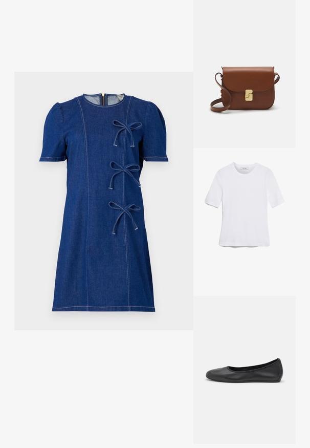 Denim dress in dark blue, short sleeves, round neckline, featuring three bows on the front, visible stitching, and a back zipper closure.; White short-sleeve t-shirt made of ribbed fabric. Round neckline, regular fit, and subtle stitching details. No patterns or graphics.; Black leather ballet flat with a rounded toe, smooth texture, minimal stitching detail, and a flexible sole design.; Brown leather handbag with a flap closure, gold-tone hardware, a shoulder strap, and a smooth texture. Compact rectangular shape.