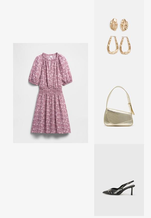 Roza in bela cvetna obleka do kolen s kratkimi napihnjenimi rokavi, gumbnim zapenjanjem spredaj, nabranim pasom in okroglim izrezom.; Črne patentne usnjene sandale s koničastim nosom, zankami okoli gležnja s srebrnimi sponkami in opremo ter vitkimi petami.; Zlata metalna torbica z urejenim dizajnom, gladko teksturo in nastavljivim trakom. Ima edinstveno trikotno obliko in minimalistično šivanje.; Zlato obarvani uhani z teksturiranimi, valovitimi oblikami. Vključujejo skulpturalne sponke za ušesa in odprto obliko obročka s kladivastim finišem.