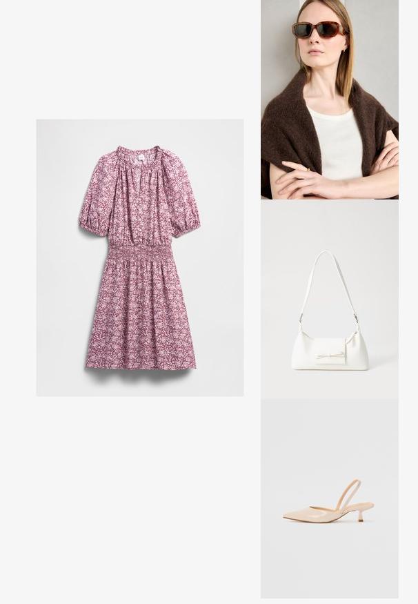 Roza in bela cvetna obleka do kolen s kratkimi napihnjenimi rokavi, gumbnim zapenjanjem spredaj, nabranim pasom in okroglim izrezom.; Bež čevlji na peto iz patentiranega usnja, s koničastim nosom in ozko kvadratno peto. Gladka tekstura in minimalističen dizajn brez okrasja.; Rjave žirafaste sončne očala z angularnimi okvirji, temnimi lečami in kovinskimi detajli. Nosi se jih z kremasto majico in temnim šalom.; Bela sintetična torbica v obliki trikotnika, z ravnim sprednjim poklopcem in detajlom mašne, nastavljivim trakom, gladko teksturo in minimalističnim dizajnom.