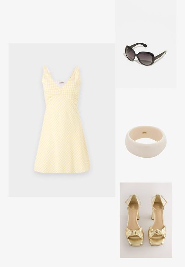 Keltainen ruudullinen mekko, jossa on V-mallinen kaula-aukko, istuva yläosa ja levenevä hame. Kangas on sileä ja siinä on valkoisia ruutukuoseja kauttaaltaan.; Kultaiset korkokengät, joissa on solmittu, laskostettu remmimalli, neliönmuotoinen kärki ja nilkkaremmi metallinhohtoisella pinnalla. Sileä pinta, lohkokorko.; Mustat aurinkolasit, joissa on ylikokoiset, pyöreät kehykset. Linssit, jotka vaalenevat tummasta vaaleaksi. Esittelee tyylikkään, kiiltävän pinnan ja hienovaraiset logo-ylimäärät tempuissa.; Kiiltävä beige rannerenka, joka on valmistettu sileästä hartsista. Pyöreä muoto, jossa on tasainen pinta ja pieni kulta-logo sisäpinnalla.