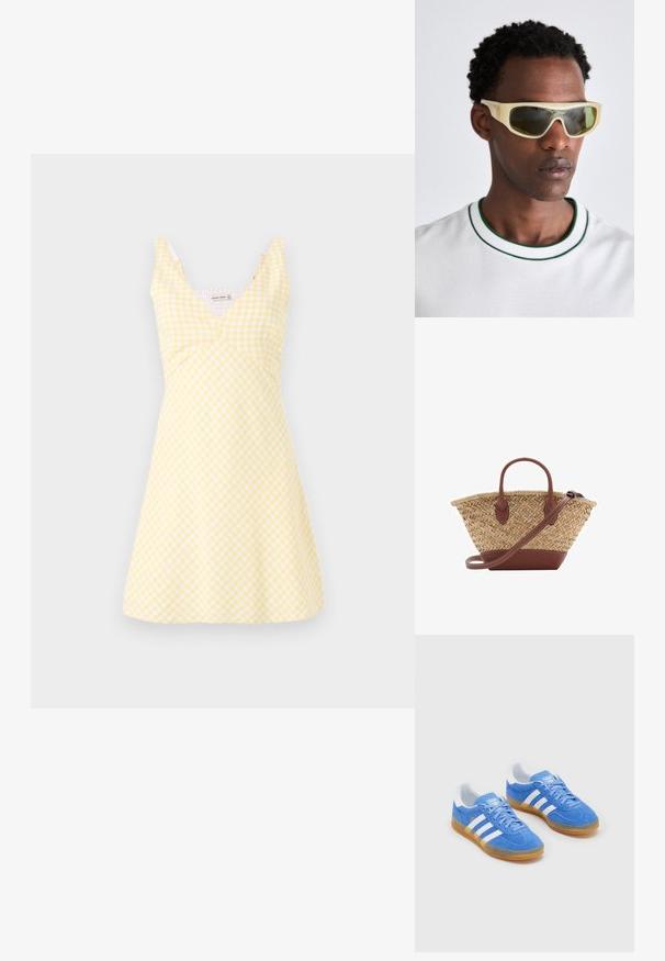 Gelbes Gingham-Kleid mit V-Ausschnitt, tailliertem Oberteil und ausgestelltem Rock. Der Stoff hat eine glatte Textur mit weißen Karomustern.; Blaue Wildleder-Sportschuhe mit weißen Streifenakzenten, Gummisohle und gepolsterter Kragen für Komfort. Verfügt über ein klassisches Schnürdesign.; Sonnenbrille mit einem durchsichtigen gelben Rahmen und grün getönten Gläsern. Winkeliges Design mit breiten Bügeln, getragen mit einem weißen Hemd mit grünen Akzenten.; Geflochtene Strohtasche mit braunen Lederakzenten, zwei Griffen und einem abnehmbaren Gurt. Kurvenform mit einem stabilen Boden.