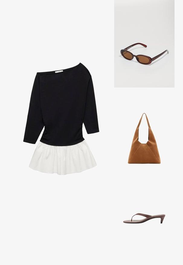 Schwarzes Langarmoberteil mit schulterfreier Gestaltung, gerafften Seiten und einem weißen, schwingenden Saum aus einem leichten, strukturierten Stoff.; Braune, mit Absatz versehene Flip-Flop-Sandale mit einem schmalen Riemen und abgerundetem Zehensteg, der ein kleines goldfarbenes Akzent auf dem Fußbett aufweist.; Runde, braun getönte Sonnenbrillen mit einem glänzenden burgunderfarbenen Rahmen. Schlanke Bügel mit dezentem Branding. Flaches Linsendesign.; Braune Wildleder-Hobo-Tasche mit einer lässigen Form, ausgestattet mit einem geschwungenen Oberhandgriff und dreieckigen Paneeldetails auf der Vorder- und Rückseite.