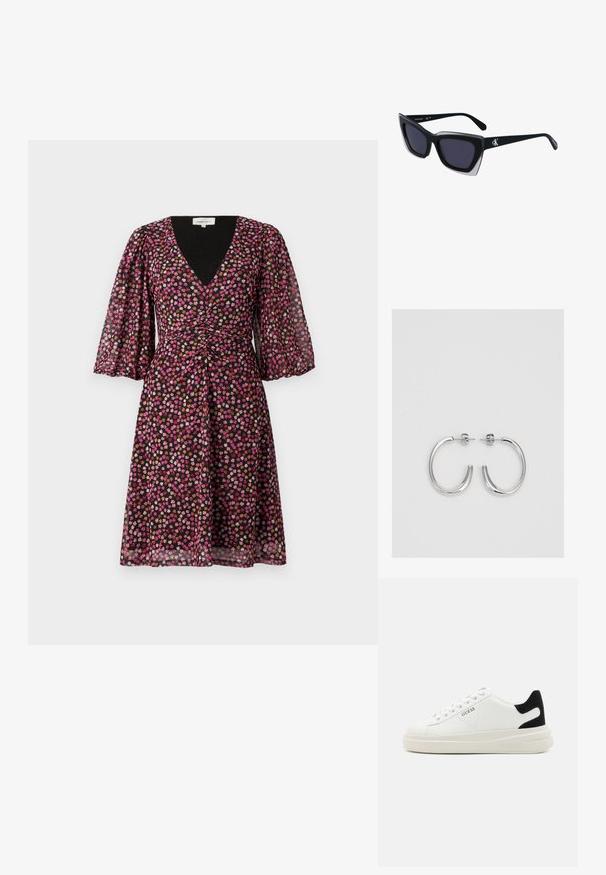 Czarna sukienka z dekoltem w serek, krótkimi bufkami i dopasowaną górą. Posiada kolorowy wzór kwiatowy w odcieniach różu, pomarańczu i bieli.; Białe skórzane sneakersy z grubą białą podeszwą, czarnym zamszowym akcentem na pięcie oraz wytłoczonym logotypem z boku. Projekt z sznurówkami i sześcioma dziurkami.; Czarne, oversize okulary przeciwsłoneczne o geometrycznym kształcie, z ciemnymi soczewkami i kontrastującym szarym detalem na oprawie. Logo na ramieniu.; Srebrne kolczyki na biglu o gładkim, błyszczącym wykończeniu. O zaokrąglonym kształcie, lekkim designie, z zamknięciem na zatrzask.