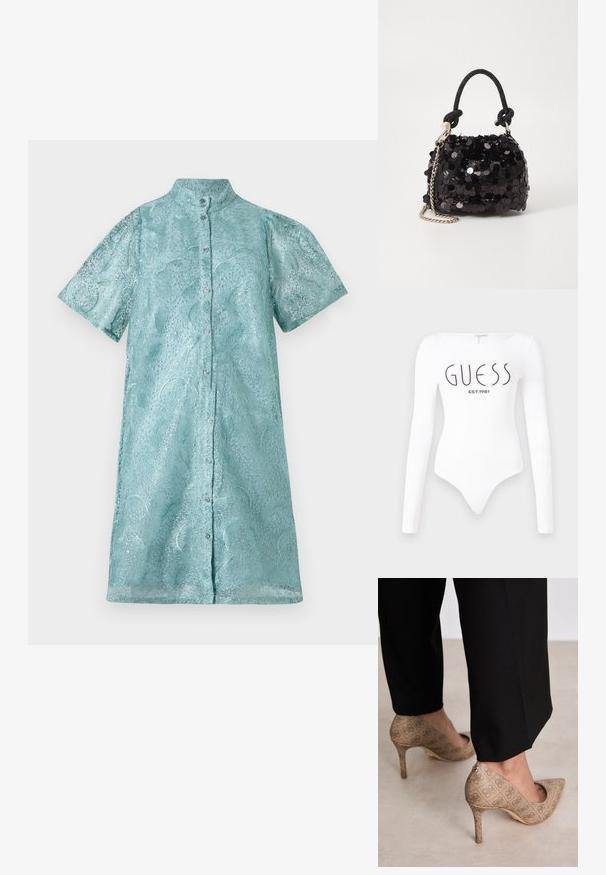 Trumpas rankovėmis suknelė iš blizgaus šviesiai mėlyno audinio su tekstūruotu raštu, turi pakeltą apykaklę ir priekį užsegimą mygtukais.; Baltos ilgomis rankovėmis bodis su apvaliu iškirpimu. Priekyje juodu spalva yra atspausdinta "GUESS" logotipas ir "EST.1981". Lygus paviršius.; Smėliniai aukštakulniai bateliai su tekstūruotu audiniu, kuriame yra pasikartojanti tekstūra. Išgaubtas pirštas, su užpakaline akcentu ir auksiniu kulno detaliu.; Juodas blizgučių mini rankinukas su mazguotu tekstūruotu dirželiu ir sidabro grandine. Suapvalinta forma su susiraukšlėtopu ir atspindinčiomis detalėmis.