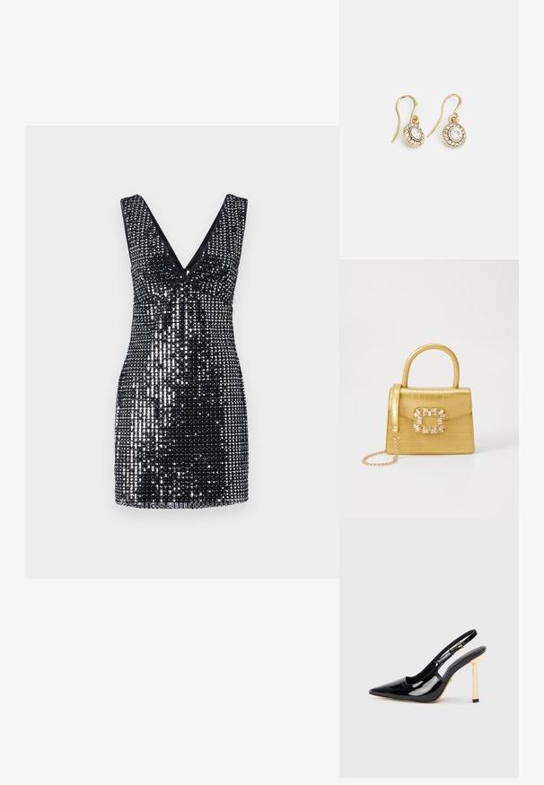 Juodos blizgančios mini suknelės su gilia V formos iškirpte, prigludusia liemenėle ir tekstūruotu paviršiumi, kuriame visur blizga blizgantys, atspindintys strazdai.; Juodas patentuotas odos aukštakulnis batelis su smailiu kojų pirštu ir auksinės spalvos kvadratiniu kulno akcentu. Ilgesnis reguliuojamas kulkšnies dirželis.; Geltonas dirbtinės krokodilo odos rankinukas su standžiu dizainu, viršutine rankena, nuimamu grandininiu dirželiu ir dekoratyviniu krištolo papuošimu ant užsegimo.; Aukso spalvos auskarai su ovalo formos skaidriais kristalais, apjuostais mažesniais skaidriais akmenukais, su kabliuko dizainu, užtikrinančiu saugų dėvėjimą.