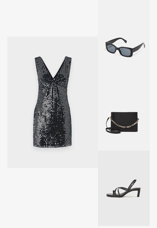 Μαύρο μίνι φόρεμα με παγιέτες, βαθύ V ντεκολτέ, εφαρμοστή κορυφή και υφή με ανακλαστικές, γυαλιστερές παγιέτες σε όλη την επιφάνεια.; Μαύρη σανδάλι με λουράκια και τετράγωνη μύτη, καθώς και χαμηλό μπλοκ τακούνι. Διαθέτει πολλαπλά λεπτά λουράκια και ρυθμιζόμενο λουράκι στον αστράγαλο. Κατασκευασμένο από λείο δέρμα.; Μαύρα ορθογώνια γυαλιά ηλίου με σκούρους φακούς, χοντρό πλαστικό σκελετό και φαρδιές βραχίονες. Λείος επιφάνεια και γωνιακό σχέδιο.; Μαύρη δερμάτινη τσάντα ώμου με λείο υφή, ορθογώνιο σχήμα και μεταλλική αλυσίδα μπροστά. Περιλαμβάνεται ρυθμιζόμενο λουρί.