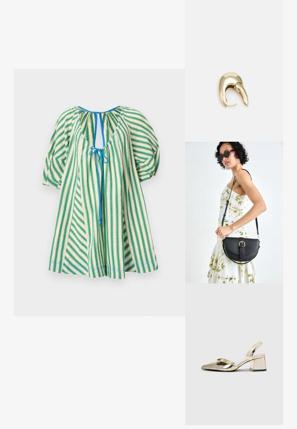 Free People BOP AROUND ROMPER - Freizeitkleid - green combo; Goldene, metallische Slingback-Absätze mit spitzem Zeh und dicker Ferse. Glatte Textur, minimalistisches Design und ein schmaler Riemen.; Schwarze Lederhandtasche mit geschwungener Form, abnehmbarem Tragegurt und goldenen Beschlägen. Die Tasche verfügt über einen Deckel mit einer Schnallen-Details.; Ohrringe aus goldfarbenem Metall mit einem schlanken, geschwungenen Design. Sie verfügen über eine markante, spitze Form, eine polierte Oberfläche und einen Scharnierverschluss.