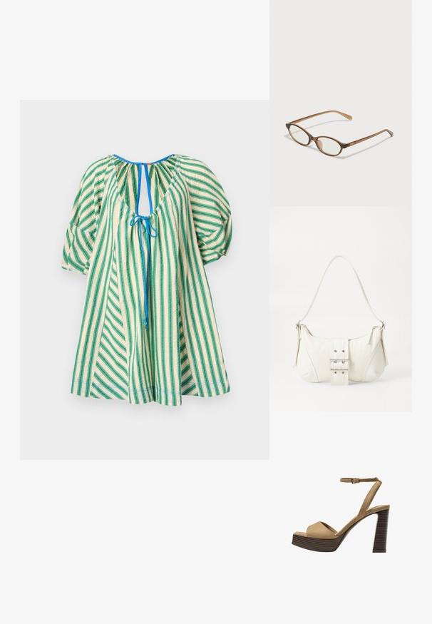 Free People BOP AROUND ROMPER - Rochie de zi - green combo; Sandale cu toc înalt din suede bej, cu o curea frontală lată și curea pentru glezna, având un toc bloc din lemn cu un finisaj texturat.; Ochelari în nuanță de țestoasă maro, cu lentile ovale, brațe subțiri și accente transparente. Prezintă un logo subtil pe tâmplă. Design elegant și ușor.; Geantă albă de umăr cu un finisaj texturat, un accent cu cataramă centrală și o formă curbată. Încărcătoare cu fermoar pe ambele laturi.