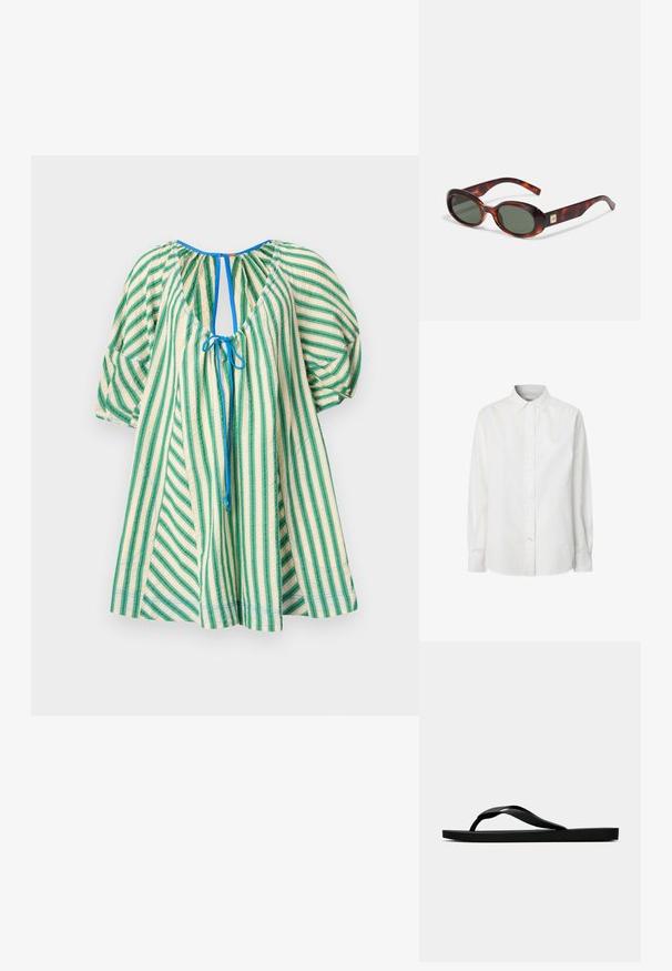 Free People BOP AROUND ROMPER - Dienas kleita - green combo; Balts garām piedurknēm pogājamais krekls, kas izgatavots no kokvilnas, ar klasisku apkakli, pogu rindu un nedaudz izliekts apakšmali.; Melna gumijas flip-flop sandaļa ar teksturētu nolaists jostu un vienkāršu plakanā zole, attēlota no sāniem uz vienkārša gaiša fona.; Bruņurupuča čaulas saulesbrilles ar tumšiem lēcām, ovāla forma un plašām kājām. Izceļas ar mazu zelta akcentu sānos. Gluda plastmasas materiāls.