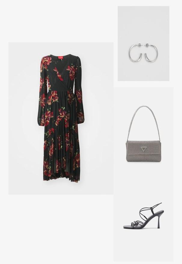 Cras DEBBIE DRESS - Koktajl obleka/za zabavo - black; Črne visoke sandale na peto imajo tanke naramnice z vozlom, gladek kvadratni toe in eleganten stiletto peto.; Svetlo siva kovinska torbica z verižnim ročajem, okrašena z majhnimi okroglimi kovinskimi bleščicami in trikotnim logotipom blagovne znamke.; Srebrne obročaste uhane z gladko, sijočo površino. Zaobljena oblika, lahka zasnova, z zapiranjem na zatič.
