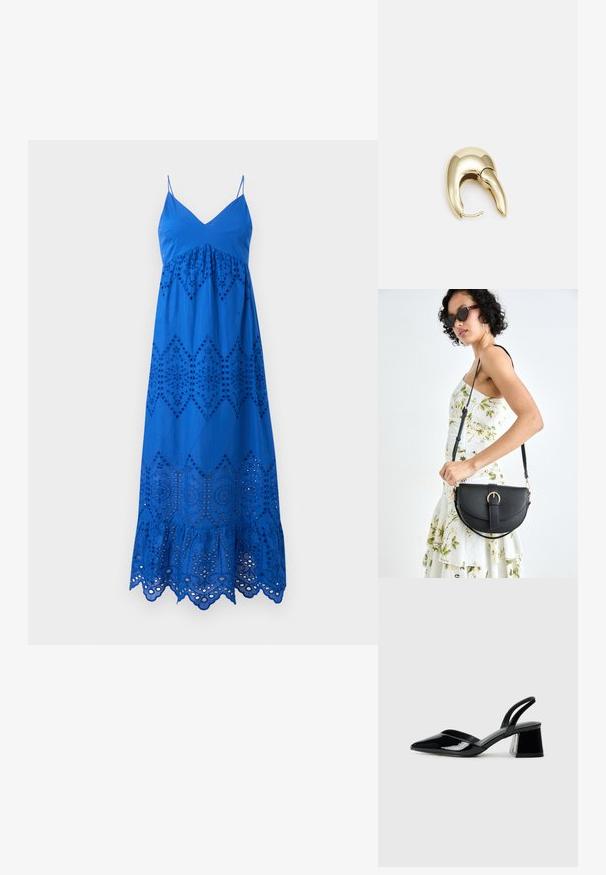 Sininen puuvillainen maksimekko, jossa on spagettiolkain, ja jossa on leikattu brodeeraus timanttimuodoissa sekä aaltoileva helma.; Mustat patentoitu nahkakengät, joissa on säären takaosa ja terävä kärki, sekä geometrinen palikkakorko. Sisältää tyylikkään, minimalistisen muotoilun ja sileän pinnan.; Musta nahkainen käsilaukku, joka on kaareva muotoilultaan, irrotettavalla hihnalla ja kultaisilla yksityiskohdilla. Laukussa on läppä, jossa on solk yksityiskohta.; Kultahipuinen korvakoru, jossa on sulavalinjainen, kaareva muotoilu. Ominaisuuksiin kuuluu erottuva terävä muoto, kiillotettu pinta ja sarana kiinnitys.