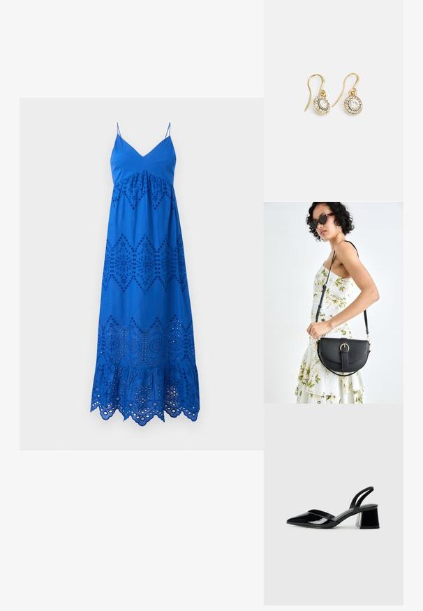 Modrá bavlnená maxi šaty s tenkými ramienkami, so vyrezávanou výšivkou v diamantoch a volánovým lemom.; Čierne lakované kožené sandálové podpätky s špicatou špičkou a geometrickým blokovým podpätkom. Disponujú elegantným, minimalistickým dizajnom a hladkým povrchom.; Čierna kožená kabelka s zaobleným tvarom, odnímateľným popruhom a zlatými doplnkami. Kabelka má klopu s detailom s prackou.; Náušnice zlatého odtieňa s oválnymi čírymi kryštáli obklopenými menšími čírými kameňmi, s háčikovým dizajnom pre bezpečné nosenie.