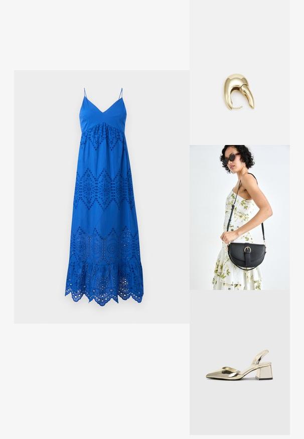 Rochie maxi din bumbac albastru cu bretele subțiri, având broderie decupată în modele cu diamante și o margine ondulată.; Pantofi cu toc slingback metalici aurii, cu vârf ascuțit și toc chunky. Textură netedă, design minimalist și o curea subțire.; Geantă din piele neagră, cu o formă curbată, curea detașabilă și accesorii aurii. Geanta are un capac cu un detaliu tip cataramă.; Cercei din metal de culoare aurie cu un design elegant și curbat. Prezintă o formă distinctivă, ascuțită, o suprafață lustruită și un sistem de închidere cu balama.