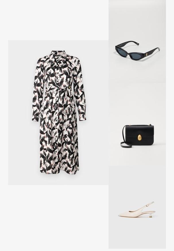 Diane von Furstenberg GIZELLE DRESS - Denní šaty - ivory; Krémová špičatá slingback obuv s nízkým klínkovým podpatkem a zlatou sponou na bílém pozadí.; Černé sluneční brýle s elegantním, hranatým designem. Mají tmavé čočky, lesklý povrch a zlatý akcent na stranu.; Černá kožená kabelka se strukturovaným obdélníkovým tvarem. Obsahuje zlatou oválnou sponu a tenký ramenní popruh. Hladký povrch.