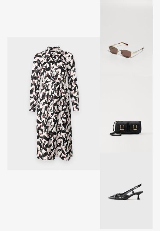 Diane von Furstenberg GIZELLE DRESS - Vestido informal - ivory; Zapato de slingback negro de piel con punta afilada, correas decorativas con ojales de metal y un tacón bajo y ancho. Superficie texturizada.; Gafas de sol de tono marrón con un marco de metal dorado, lentes rectangulares y puntas de templado con patrón de carey.; Bolso cruzado de cuero negro con dos bolsillos frontales, hebillas doradas, cierre de cremallera y una correa delgada. Superficie texturizada y forma rectangular compacta.
