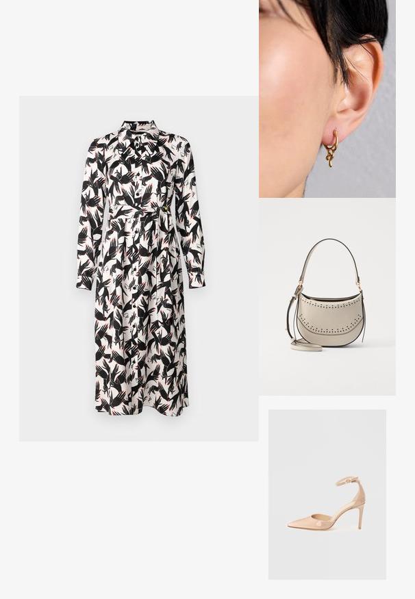 Diane von Furstenberg GIZELLE DRESS - Denné šaty - ivory; Naha lesklá kožená topánka s ostrou špičkou a remienkom okolo členka, s ihlovým podpätkom, s hladkým povrchom a minimalistickým dizajnom.; Vanessa Bruno MINI DAILY BAG - Kabelka - ivoire; Zlatý kruhový náušnica s organickým, plynulým dizajnom, ktorý má textúrované akcenty a hladký povrch, nosená na prepichnutom uchu.