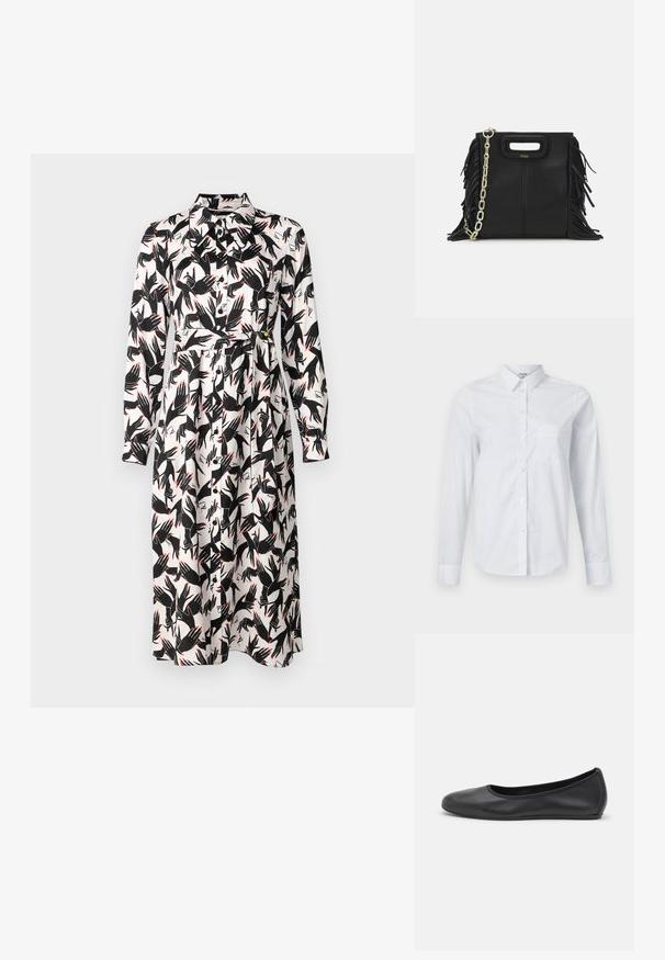 Diane von Furstenberg GIZELLE DRESS - Kasdienė suknelė - ivory; Balta ilgomis rankovėmis marška, pagaminta iš medvilnės. Su mygtukų užtrauktuku priekyje, smailiu apykakle ir krūtine kišene kairėje pusėje.; Juodai odiniai baletai su apvaliu pirštu, lygi texture, minimalus siuvimo detales ir lanksčiu padų dizainu.; Juodas odinis rankų darbo rankinys su frinzuotomis detalėmis, auksine grandinės petneša ir išpjauto dizaino rankena. Pirmoje pusėje yra logotipo vieta.