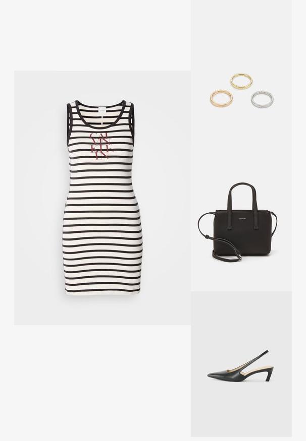 Sukienka bez rękawów z bawełny w czarno-białe poziome paski. Posiada nadrukowane czerwone logo z przodu. Dopasowany krój.; Czarny but na obcasie typu slingback z ostro zakończonym noskiem, z niskim obcasem, wykonany z gładkiej skóry, z wycięciem po boku dla lepszej wentylacji.; Czarna torebka z dwoma krótkimi uchwytami i odpinanym paskiem na ramię. Gładki materiał przypominający skórę, z zamkiem błyskawicznym i detalem z logo.; Trzy metalowe pierścienie: jeden w różowym złocie, jeden złoty z teksturowanymi akcentami, oraz jeden srebrny, wszystkie z wygrawerowanym brandingiem na wewnętrznej stronie.