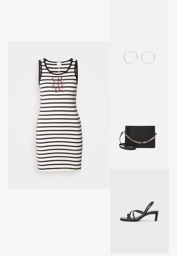 Bešvarkė suknele pagaminta iš medvilnės su juodais ir baltais horizontaliais dryžiais. Priekyje yra raudonas atspaudas su logotipu. Tinkama figūrai.; Juodi šlepetės su kvadratiniu pirštu ir žemu bloku kulnu. Yra keli ploni dirželiai ir reguliuojamas kulkšnies diržas. Pagaminti iš lygios odos.; Juodas odinis per petį nešiojamas krepšys turi lygų paviršių, stačiakampio formą ir metalinę grandinėlę priekyje. Pridedama reguliuojama dirželis.; Sidabrinės auskarai žiedai su sėslia, apvalia forma, pasižymintys lygia paviršiumi ir be matomų puošmenų. Svoris nenurodytas.