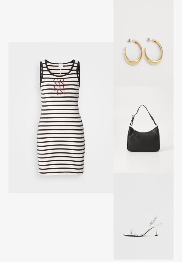 Haljina bez rukava od pamuka s crno-bijelim horizontalnim prugama. Sadrži ispisani logo u crvenoj boji na prednjoj strani. Prikladnog kroja.; Srebrni patenti kožni sandali na visokom potpeticu s uskim remenom za prste, podesivom kopčom i vitkom potpeticom.; Crna kožna torba s zakrivljenim oblikom, jednim remenom, zatvaranjem na patentni zatvarač i suptilnim brendiranjem sprijeda. Glatka tekstura, minimalistički dizajn.; Zlatne okrugle naušnice s glatkim, zakrivljenim dizajnom. Izrađene od metala, s elegantnom završnom obradom i zatvaranjem na iglu.