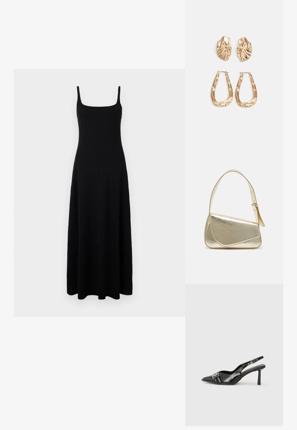 Černé maxi šaty s upnutým korzetem, čtvercovým výstřihem a tenkými ramínky. Vyrobeno z hladkého, elastického materiálu, který splývá až k kotníkům.; Černá lakovaná slingback obuv s špičatou špičkou, kotníkovými pásky s kovovými sponami a příslušenstvím, a štíhlým podpatkem.; Zlatá metalická kabelka se strukturovaným designem, hladkým povrchem a nastavitelným popruhem. Disponuje unikátním trojúhelníkovým tvarem a minimalistickým prošitím.; Náušnice ve zlatém tónu s texturovanými, vlnitými tvary. Obsahují sochařské klipy a design otevřeného kruhu s kladivkovým povrchem.