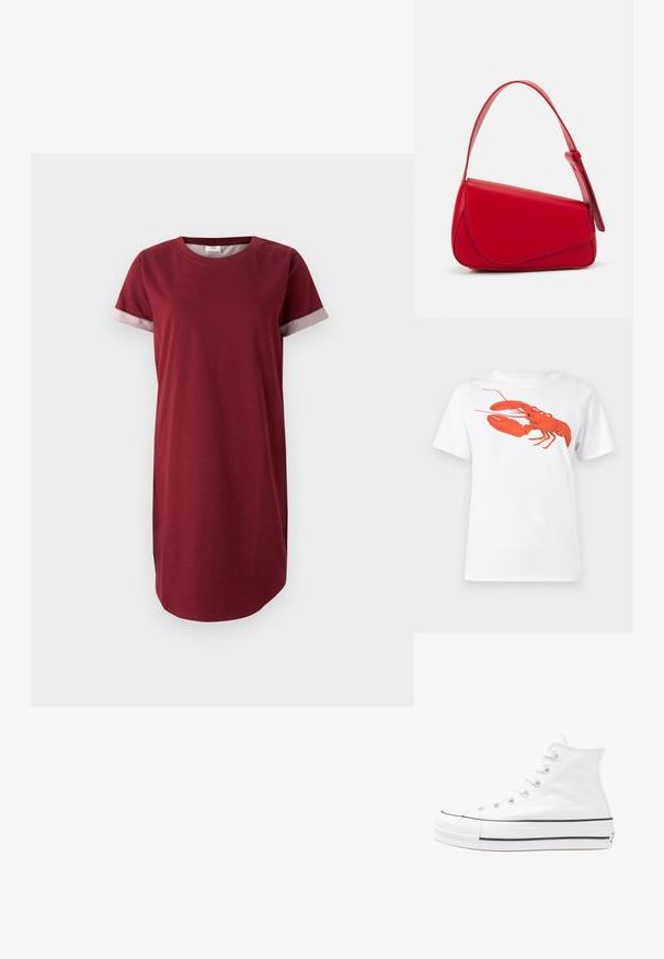 Burgundy színű, pamut, rövid ujjú tülldressz, szürke mintázatú díszítésekkel a mandzsettákon. Kerek nyakkivágással és egyenes fazonnal rendelkezik.; Fehér pamut póló, amelyen elöl egy nagy, élénkpiros homár grafika látható. Rövid ujjú és standard környakú kialakítás.; Fehér magaskorsó vászon sportcipő fekete gumi talppal, elülső gumi orrnyereggel és hat fűzőlyukkal, letisztult, minimalista dizájnnal.; Piros bőr kézitáska szögletes, geometrikus kialakítással. Egy állítható pánttal és varrott részletekkel ellátott fedélzárral rendelkezik.
