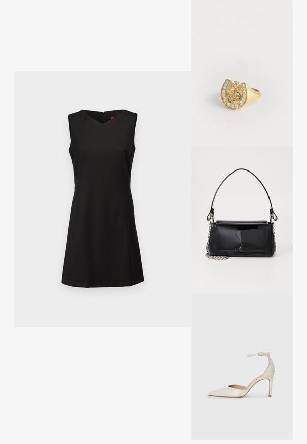 MAX&Co. NEW YORK czarny; Białe skórzane szpilki z ostrym noskiem, paskiem wokół kostki i cienką szpilkową obcasem. Gładka faktura z subtelnym połyskiem.; Czarna torebka z lakierowanej skóry o prostokątnym kształcie, z łańcuszkowym paskiem i charakterystycznym akcentem ze sprzętem na środku. Gładka tekstura.; Złoty pierścionek z wzorem korony wewnątrz podkowy, ozdobiony małymi przezroczystymi kamieniami szlachetnymi, na białym tle.