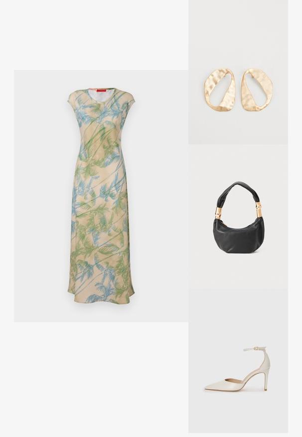 Kwiatowa sukienka maxi w jasnym beżu, z zielonymi i niebieskimi wzorami palmowych liści, z rękawami typu cap oraz luźnym krojem. Gładka tkanina z ładnym układem.; Białe skórzane szpilki z ostrym noskiem, paskiem wokół kostki i cienką szpilkową obcasem. Gładka faktura z subtelnym połyskiem.; Czarna skórzana torebka o okrągłym kształcie, miękkiej fakturze i wiązanym uchwycie z akcentami w złotym odcieniu. Zamek błyskawiczny.; Para nieregularnych, owalnych kolczyków ze złotego metalu o teksturowanej, lekko młotkowanej powierzchni na białym tle.