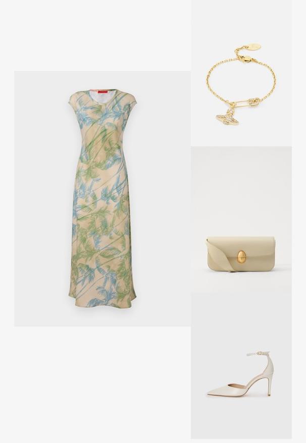 Lille beež lillelille kleit, millel on rohelised ja sinised palmilehe mustrid, lühikesed varrukad ja mugav lõige. Sile kangas, mis langeb.; Valgete nahast kõrge kontsaga kingad, terava varbaga, ankle strapiga ja kitsaste stiletto kontsadega. Sile tekstuur koos peene läikega.; Beež nahast käekott, millel on sile tekstuur, ristküliku kujuline ja kuldne ovaalne lukustus. Omab pikka, reguleeritavat rihma.; Kuldse tooniga käevõru, millel on aheldisain, kaunistatud turvaneediga ripatsiga ja sädeleva vibu detailiga. Sisaldab klamberlukk ja logo silt.