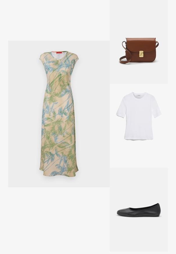 Floral maxi dress in light beige, featuring green and blue palm leaf patterns, cap sleeves, and a relaxed fit. Smooth fabric with drape.; White short-sleeve t-shirt made of ribbed fabric. Round neckline, regular fit, and subtle stitching details. No patterns or graphics.; Black leather ballet flat with a rounded toe, smooth texture, minimal stitching detail, and a flexible sole design.; Brown leather handbag with a flap closure, gold-tone hardware, a shoulder strap, and a smooth texture. Compact rectangular shape.
