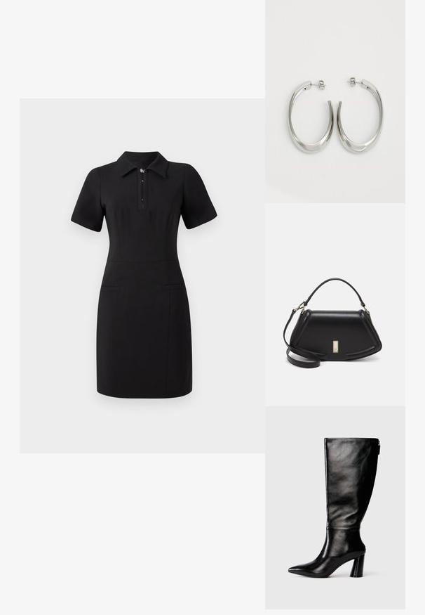 Schwarzes Kleid mit kragenförmigem Ausschnitt, kurzen Ärmeln und einem Reißverschluss vorne. Verfügt über zwei vordere Taschen und eine taillierte Silhouette. Glatte Textur.; Knöchelhohe schwarze Lederstiefel mit einer spitzen Zehe, glatter Oberfläche und einem klobigen Absatz. Verfügt über einen Reißverschluss hinten.; Schwarze Lederhandtasche mit einem strukturierten Design, das eine verkürzte Form, einen oberen Griff und goldfarbene Hardware-Details aufweist. Verstellbarer Schulterriemen ist enthalten.; Silberne Creolen mit einem glatten, geschwungenen Design. Mit einem glänzenden metallischen Finish und Steckverschluss. Keine sichtbaren Muster oder Akzente.