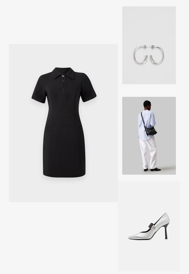 Rochie neagră cu guler, mâneci scurte și fermoar pe față. Are două buzunare frontale și o siluetă ajustată. Textură netedă.; Pantof înalt din piele argintie, cu vârf ascuțit, accent cu curea neagră și finisaj lucios, având o siluetă elegantă și toc subțire.; Geantă de umăr din piele neagră cu o textură moale, formă triunghiulară și curea ajustabilă, asortată cu o bluză cu dungi albastre deschise și pantaloni albi.; Cercei rotunzi din argint cu un finisaj neted și strălucitor. Design ușor, având o formă rotundă și închidere cu tijă.