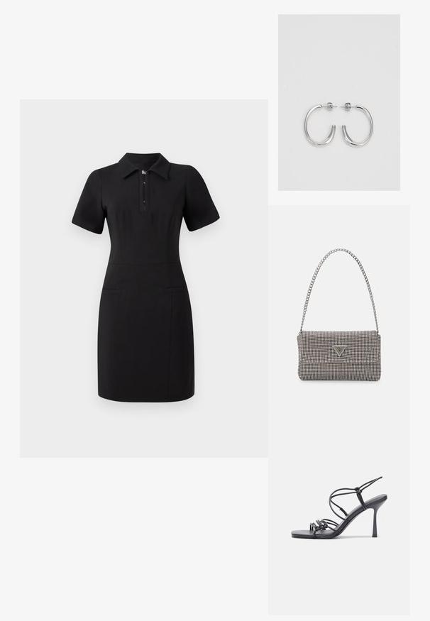 Crna haljina s ovratnikom, kratkim rukavima i prednjim patentnim zatvaračem. Ima dva prednja džepa i uski kroj. Glatka tekstura.; Crne sandale na visokoj potpetici imaju tanke trake s čvorastim dizajnom, glatki kvadratni vrh i elegantnu stiletto petu.; Svijetlosivi metalik ruksač s lancem, ukrašen malim okruglim metalnim zakovicama i trokutastim logotipom marke.; Srebro naušnice u obliku prstena s glatkom, sjajnom završnom obradom. Zaobljenog oblika, laganog dizajna, s kopčom na poleđini.