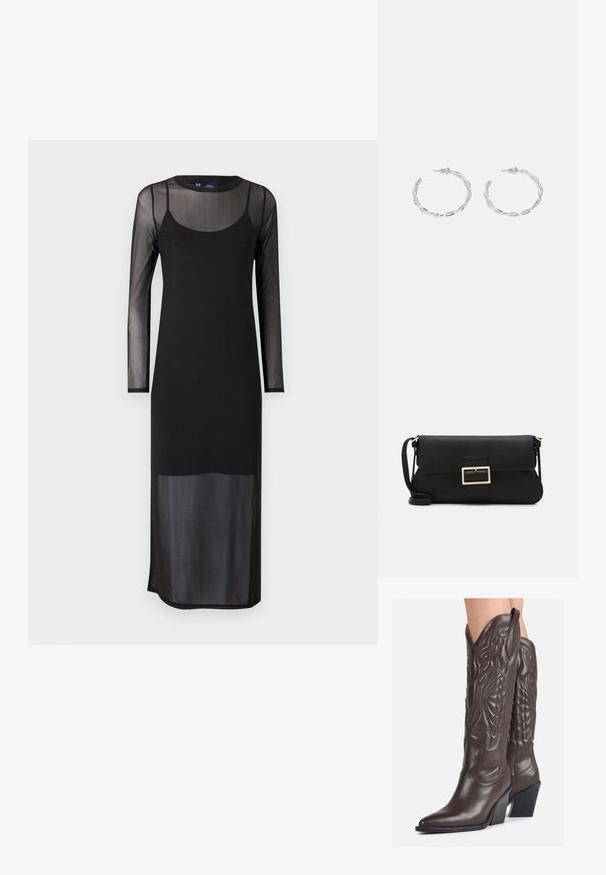 Crna haljina dugih rukava s prozirnim mrežastim preklopom, s izrezom u obliku scoop i uskim krojem, koja doseže do sredine lista.; Smeđe kožne kauboj čizme s šiljastim vrhom i blok-potpeticom, s detaljno izvezenim šavovima i uzdignutim naglascima na okovu.; Crna kožna clutch torbica s preklopom i zlatnim metalnim detaljem kopče. Uključuje crnu trakicu i elegantan, minimalistički dizajn.; Srebrne naušnice s obručima i uvijenim dizajnom, s poliranim završetkom i pričvršćivanjem na stražnjoj strani. Mjere otprilike 3 cm u promjeru.