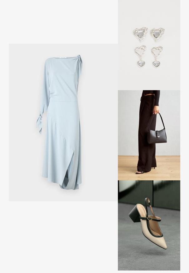 Vestido azul claro, uma manga longa com um detalhe amarrado, bainha assimétrica, textura suave e design de drapeado liso.; Sandal de biqueira pontuda em bege com acabamento preto, fivela dourada e um salto bloco sólido, em um chão cinza com fundo verde escuro.; Bolsa preta com forma estruturada, textura suave e um fecho metálico. Combinada com calças largas pretas e sandálias de salto aberto sobre um chão de madeira.; Os brincos em forma de coração prateados apresentam pedras claras facetadas, com uma moldura texturizada. O conjunto inclui estilos de botão e de gota.