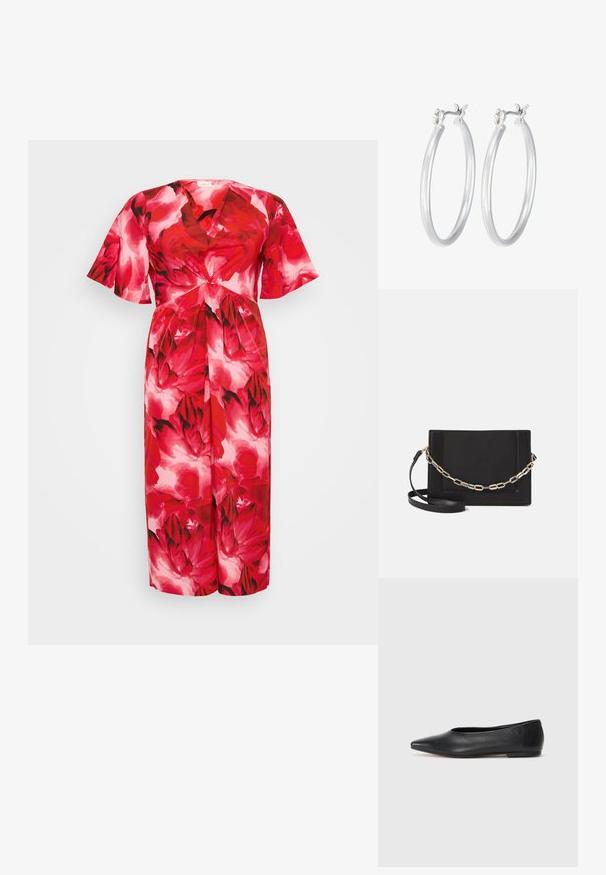 Vestido floral rojo con escote en V, mangas cortas y acogedoras, y un detalle de lazo en la cintura. Tela suave con un patrón colorido y llamativo.; Bailarinas de cuero negro, punta afilada, diseño minimalista, textura suave, tacón bajo, sin herrajes ni adornos visibles.; Bolso cruzado de piel negra con textura suave, forma rectangular y un detalle de cadena metálica en el frente. Incluye una correa ajustable.; Pendientes de aro de plata con un acabado liso y pulido. Forma redonda y cierre de click seguro. Diseño ligero adecuado para el uso diario.
