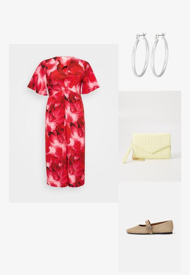 Crvena cvjetna haljina s V-izrezom, kratkim lepršavim rukavima i mašnom u struku. Glatka tkanina s hrabrim, šarenim uzorkom.; Bež suède Mary Jane balerinke s oštrim vrhom i jednim podesivim remenom sa srebrnom kopčom. Crna ravna potplat.; Žuta pletena novčanica s preklopnim dizajnom, odvojivim remenom za zapešće i zlatnim lancem kao ukrasom. Glatka tekstura i pravokutni oblik.; Srebrne kružne naušnice s glatkom, poliranom površinom. Okrugli oblik i sigurno kopčanje na klik. Lagani dizajn pogodan za svakodnevno nošenje.