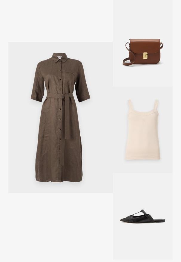 Brun linnskjolklänning med krage, knapprad framtill, korta ärmar, sidofickor och midjeband.; Beige ribbad tanktopp med tunna band och rundad halsringning. Har en sydd logotyp på framsidan. Slät textur, figurnära design.; Svart läderslingback-sko med spetsig tå, med en vävd detalj och plisserad överdel. Platt sula med minimal hårdvara.; Brun läderhandväska med klaffstängning, guldfärgad hårdvara, axelrem och en slät yta. Kompakt rektangulär form.