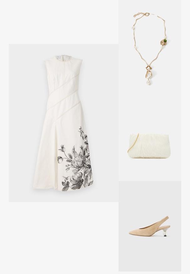 Rochie albă fără mâneci, cu cusături diagonale, talie strânsă și detalii cu imprimeu floral negru la tiv. Material neted, texturat.; Pantof bej din piele sușie, cu vârful ascuțit și toc rotund transparent. Textură netedă și design minimalist.; Geantă de mână albă texturată, cu un design strâns, având o curea de lanț aurie. Finisaj neted cu valuri subtile și margini rotunjite.; Colier din metal auriu, cu verigi răsucite, perle albe și un accent din piatră verde. Prezintă detalii intricate și un sistem de închidere.