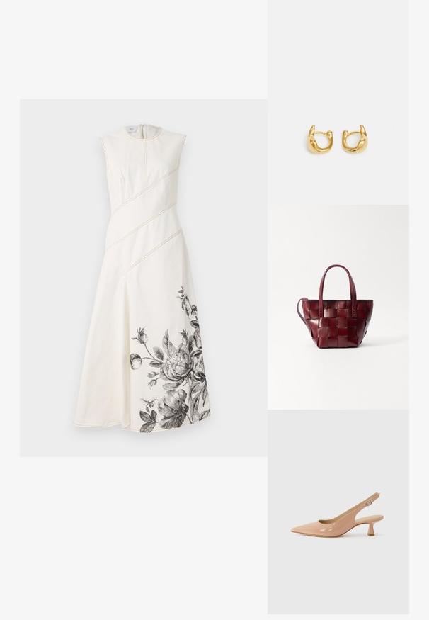 Rochie albă fără mâneci, cu cusături diagonale, talie strânsă și detalii cu imprimeu floral negru la tiv. Material neted, texturat.; Pantofii slingback brevetati, de culoare roz deschis, cu vârf ascuțit, toc mic bloc și o curea ajustabilă cu detaliu de cataramă circulară.; Geantă de umăr din piele burgundă, țesută, cu două mânere scurte și o curea de umăr detașabilă. Prezintă o formă bine definită și o textură fină.; Cercei din aur cu un design neted și rotunjit, având un finisaj lustruit. Cerceii au o formă compactă și chunky și un închizător fără sudură.