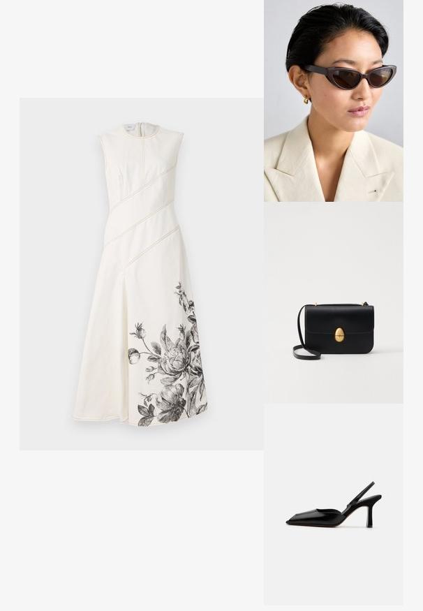 Fehér, ujjatlan ruha átlós varrással, beszorított derékkal és fekete virágmintás részletekkel a szegélyen. Simaságával és textúrájával jellemző szövet.; Fekete bőr szandál sarkú cipő hegyes orral, minimalist designnal, vékony bokapánttal és karcsú tűsarkúval. Sima textúra.; Barna macskaformájú napszemüveg sötét lencsékkel, vastag kerettel és sima felülettel, bézs blézerrel és arany fülbevalóval párosítva.; Fekete bőr kézitáska, struktúrált, téglalap alakú formával. Arany ovális kapoccsal és vékony vállpánttal rendelkezik. Sima textúrájú.