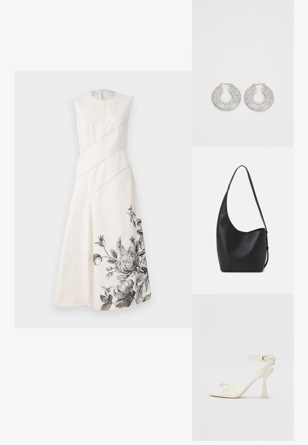 Vit ärmlös klänning med diagonal sömnad, cinchad midja och svart blommönster detaljerat vid fållen. Glatt, texturerat tyg.; Remmar högklackad sandal i vitt läder med en elegant design, en genomskinlig blockklack och en dekorativ detalj vid tån.; Svart läder hobo-väska med en slät textur, kurvig form och en justerbar axelrem; har en bred öppning upptill.; Silverörhängen i form av ringar dekorerade med flera klara kristallprydnader, med en texturerad yta och en öppen cirkulär design.