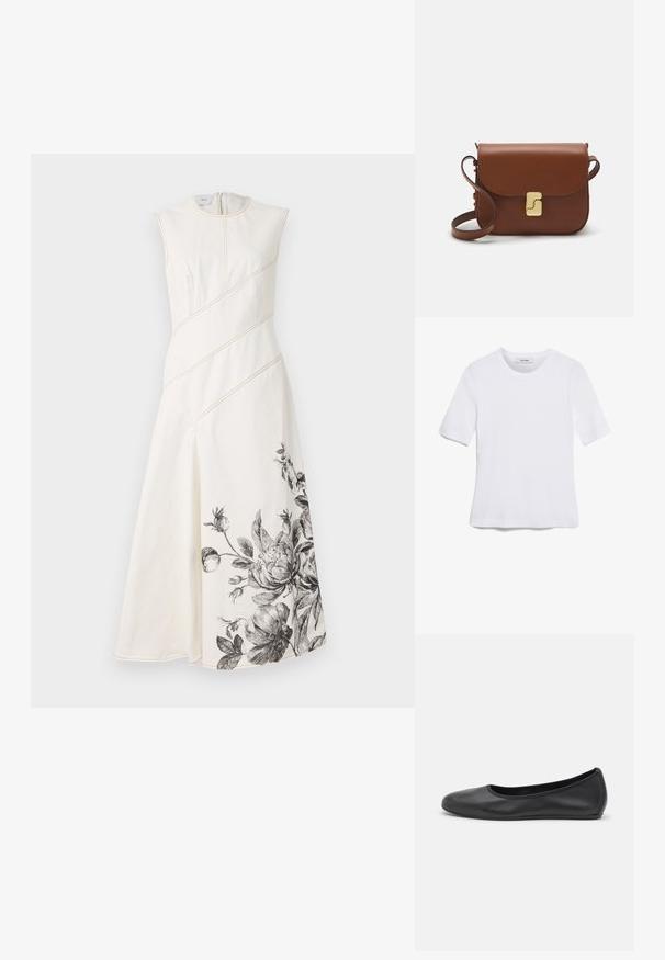 Weißes ärmelloses Kleid mit diagonalen Nähten, taillierter Taille und schwarzem Blumenmuster am Saum. Glattes, strukturiertes Gewebe.; Weißes kurzärmliges T-Shirt aus geripptem Stoff. Runder Halsausschnitt, normale Passform und dezente Nähte. Keine Muster oder Grafiken.; Schwarze Leder-Ballettschuhe mit abgerundeter Spitze, glatter Textur, minimalen Nähdetails und einem flexiblen Sohlen-Design.; Braune Ledertasche mit Klappenverschluss, Beschlägen in Goldfarbe, einem Schultergurt und einer glatten Oberfläche. Kompakte rechteckige Form.