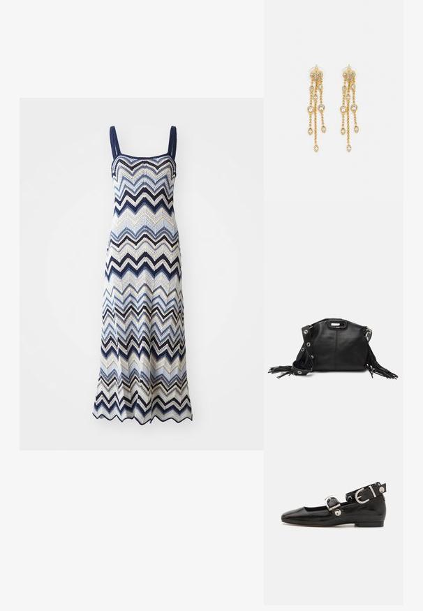 Rochie tricotată cu un model în zigzag în nuanțe de bleumarin, albastru, crem și negru. Prezintă decolteu pătrat, bretele subțiri și o margine evazată.; Pantofii plano din piele patent neagră, cu vârful pătrat, curea de gleznă cu accesorii din argint și talpă plată. Textură netedă cu un design minimalist.; Maje MISS MINI - Geantă crossbody - noir; Cercei aurii cu multiple lanțuri suspendate, având accente din rhinestone ovale clare și capete decorative cu tighel.