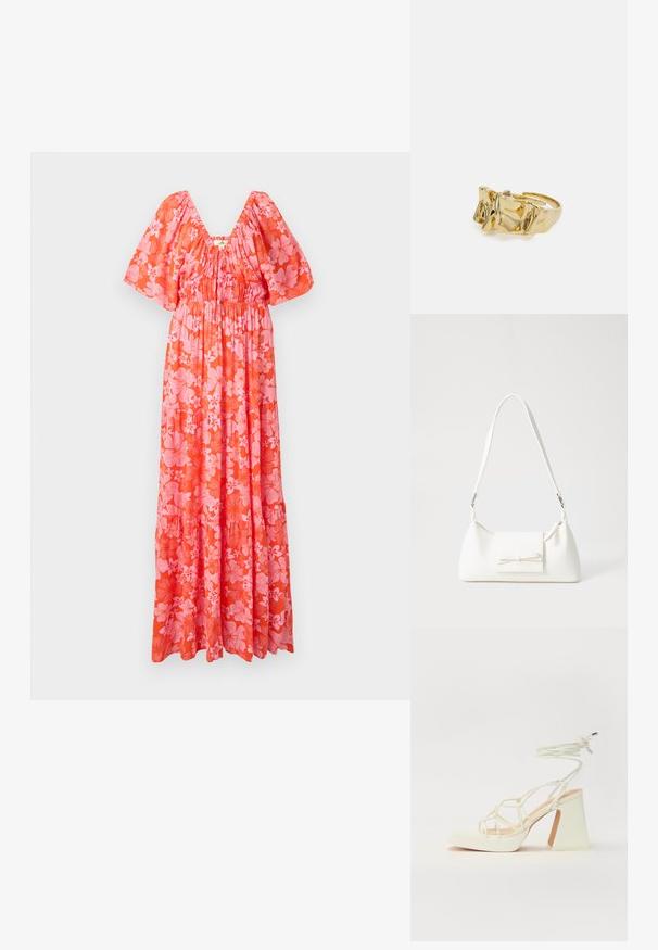 Robe longue corail vif avec manches courtes bouffantes, corsage froncé et motif floral comprenant des fleurs roses et rouges sur toute la surface.; Sandale blanche à talons hauts avec un talon épais, présentant un design à lanières et un lien autour de la cheville. Texture lisse avec une plateforme à l'avant pour une hauteur supplémentaire.; Sac à main synthétique blanc en forme triangulaire, avec un rabat avant plat et un détail en nœud, une bandoulière ajustable, une texture lisse et un design minimaliste.; Bague en or avec un design texturé et ondulé présentant trois sommets proéminents. Surface lisse et brillante avec un anneau ouvert pour un ajustement ajustable.