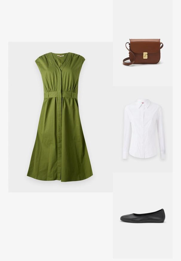 Robe en coton vert avec un décolleté en V, des manches courtes, une taille élastique et une jupe évasée. Texture lisse, longueur genou et sans motifs.; Chemise blanche à manches longues avec col pointu, fermeture à boutons à l'avant et design ajusté. Tissu en coton lisse avec des détails de couture subtils.; Ballerines en cuir noir avec un bout rond, texture lisse, détails de couture minimalistes et design de semelle flexible.; Sac à main en cuir marron avec une fermeture à rabat, des accents en métal doré, une bandoulière et une texture lisse. Forme rectangulaire compacte.