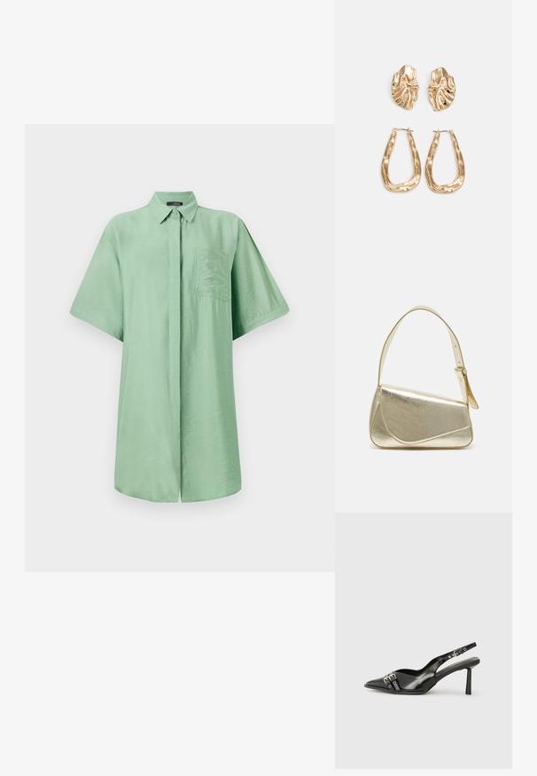 Īsām piedurknēm krekls gaiši zaļā audumā ar apkakli, priekšējo pogu aizdari un krūšu kabatu. Gluda tekstūra un brīva piegriezte.; Melnā patentēta ādas sandale ar norādītu purngalu, potītes siksniņām ar sudraba sprādzēm un aparatūru, kā arī smalku papēdi.; Zelta metāla somiņa ar strukturētu dizainu, gludu tekstūru un regulējamu siksniņu. Iezīmējas ar unikālu trīsstūrveida formu un minimālistisku šuvumu.; Zelta krāsas auskari ar teksturētām, viļņotām formām. Iekļauts skulpturāls piespraužams modelis un atvērta gredzenveida konstrukcija ar izsistām virsmām.
