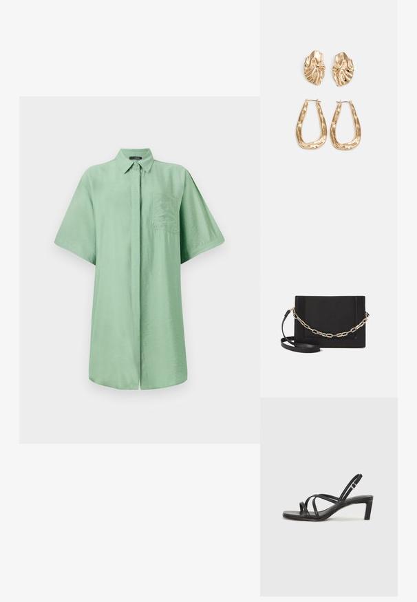 Koszula z krótkim rękawem w jasnozielonym kolorze z kołnierzykiem, zapięciem na guziki z przodu oraz kieszenią na piersi. Gładka tekstura i luźny krój.; Czarne sandały na obcasie z prostokątnym noskiem i niskim słupkowym obcasem. Posiadają wiele cienkich pasków i regulowany pasek na kostkę. Wykonane z gładkiej skóry.; Czarna skórzana torebka typu crossbody z gładką teksturą, prostokątnym kształtem oraz metalowym detalem w postaci łańcuszka z przodu. W zestawie regulowany pasek.; Złote kolczyki w odcieniu, prezentujące teksturowane, faliste kształty. Zawierają rzeźbiarskie klipsy i otwarty projekt kółek z młotkowanym wykończeniem.