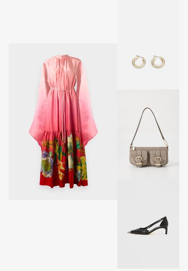 Długa różowa sukienka z przezroczystymi dzwonowymi rękawami, ściąganym w pasie i kwiatowym wzorem w żywych kolorach na dolnej krawędzi. Gładka tekstura.; Czarny skórzany but na obcasie typu kitten z metalowym, srebrnym zakończeniem palca i podwójnymi paskami na klamry na białym tle.; Beżowa torebka teksturowana z regulowanym paskiem, dwoma przednimi kieszeniami zabezpieczonymi klamrami oraz złotymi akcentami. Zamek błyskawiczny na górze.; Lauren Ralph Lauren BASIC SMALL HOOP - Kolczyki